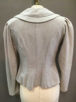 NO LABEL, Dove Gray, Wool, Button Front, Long Sleeves, Black Embroidery Trim, Black Buttons, Pleats On Shoulders,