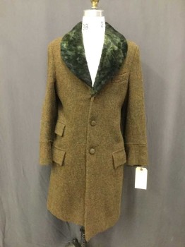 NO LABEL, Brown, Olive Green, Burnt Orange, Wool, Tweed, Long Sleeves, Olive Green Shearling Collar, 3 Buttons, 3 Pockets, Single Breasted
