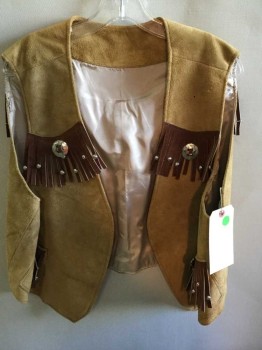 N/L, Tan Brown, Brown, Suede, Solid, Open Front, Tan Suede W. Brown Suede Fringe, 2 Patch Pocket,  See Photo Attached,