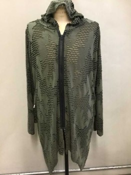 N/L, Olive Green, Gray, Polyester, Spandex, Abstract , Olive Knit W/Holes/Cutouts W/Gray Sheer Net, Long Sleeves, Hooded, Zip Front, Tunic Length