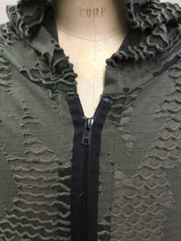 N/L, Olive Green, Gray, Polyester, Spandex, Abstract , Olive Knit W/Holes/Cutouts W/Gray Sheer Net, Long Sleeves, Hooded, Zip Front, Tunic Length