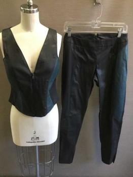 MTO, Black, Teal Blue, Faux Leather, Synthetic, Color Blocking, Made To Order, Top  Zip Front, Sleeveless, Mesh Sides, Matching Pants