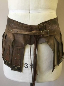 MTO, Brown, Brass Metallic, Leather, Metallic/Metal, Leather Tab Skirt with Metals and Studs on Tabs, 2 Buckles
