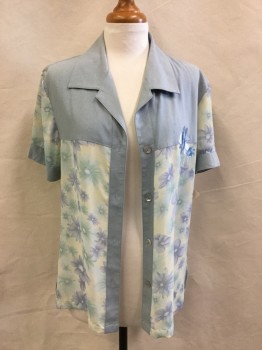 ASHLYN KATE, Sage Green, Dusty Blue, Jade Green, Lt Yellow, Polyester, Solid, Floral, Shirt, Short Sleeves, Button Front, Notched Lapel, Solid Yoke/collar and Trim, Sheer Body and Sleeves,