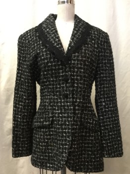 NANETTE LEPORE, Black, White, Wool, Rayon, Grid , Shawl Collar with Black Lace Trim, 3 Covered Buttons at Center Front, 2 Pockets with Flaps
