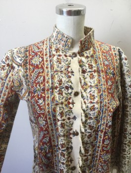 N/L, Cream, Sienna Brown, Blue, Yellow, Cotton, Paisley/Swirls, Swirl , Cotton Canvas with Ornate Stripes/Paisley/Swirls Pattern, 3/4 Sleeves, Stand Collar, Button Front, Self Fringe at Hem, Sleeves and Button Placket, No Lining, Earthy Hippie