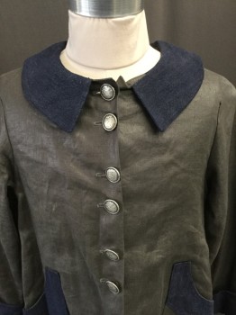 MTO, Dk Gray, Navy Blue, Silk, Cotton, Solid, Silk Linen Blend, Navy Shawl Collar/Cuffs and Pockets, Pewter Button Front, Back Strap W/buttons