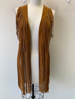 AMERICAN VINTAGE, Brown, Suede, Solid, Hippie Vest, Open at Center Front with No Closures, Self Hanging Fringe, Retro Reproduction, Late 1960's Summer of Love