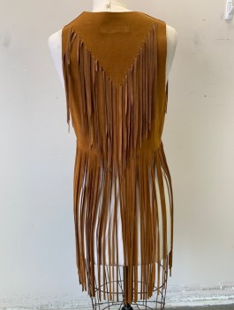 AMERICAN VINTAGE, Brown, Suede, Solid, Hippie Vest, Open at Center Front with No Closures, Self Hanging Fringe, Retro Reproduction, Late 1960's Summer of Love