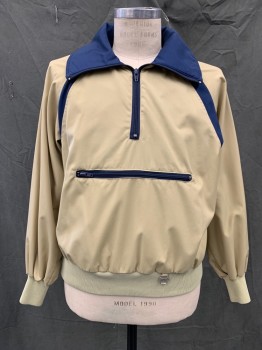 PROFILE, Khaki Brown, Polyester, Cotton, Solid, Pullover, with Navy Trim and Navy Reverse Collar, 1/2 Zip Front, Oversized Collar, Raglan Sleeves, 1 Large Front Zip Pocket, Ribbed Knit Waistband/Cuff