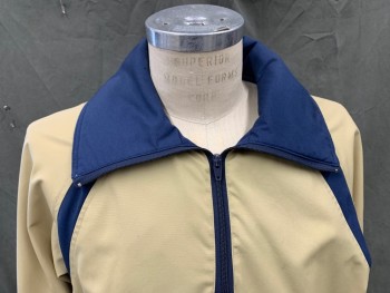 PROFILE, Khaki Brown, Polyester, Cotton, Solid, Pullover, with Navy Trim and Navy Reverse Collar, 1/2 Zip Front, Oversized Collar, Raglan Sleeves, 1 Large Front Zip Pocket, Ribbed Knit Waistband/Cuff