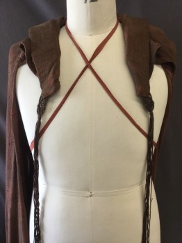 MTO, Brown, Silk, Solid, Hooded Mens Cape, 65" Nape to Hem. Hand Slits, Straps Attached to Back Neck to Keep in Place, Hood Has a Band of Horsehair for Body, Pretty Knotted Tassel Ties, Very Aged and Dirty, Bias, Full, Uneven Hem, Mysterious Wanderer