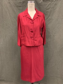 MISS MARILYN, Dk Red, Rayon, Solid, Single Breasted, Collar Attached, Notched Lapel, 3/4 Sleeve, Tuck Pleats Side Waist,