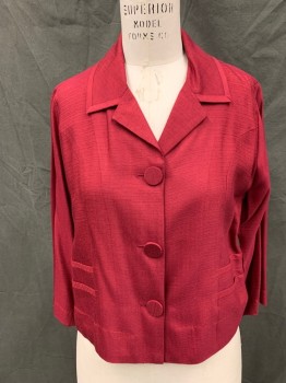 MISS MARILYN, Dk Red, Rayon, Solid, Single Breasted, Collar Attached, Notched Lapel, 3/4 Sleeve, Tuck Pleats Side Waist,