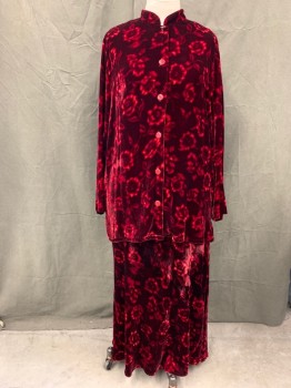 HARARI, Red, Dk Red, Rayon, Silk, Floral, Abstract , Jacket, Velvet, Button Front, Mandarin Collar, Long Sleeves, Long, *Missing Top Button*
