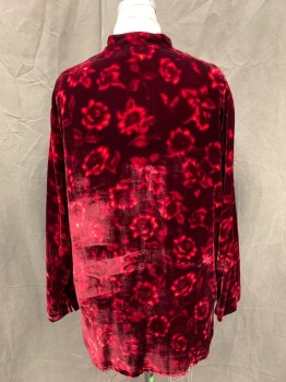 HARARI, Red, Dk Red, Rayon, Silk, Floral, Abstract , Jacket, Velvet, Button Front, Mandarin Collar, Long Sleeves, Long, *Missing Top Button*