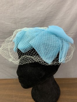 CELEBRITY HATS, Baby Blue, Nylon, Solid, Tulle on Wire Understructure with Zig Zagged Edge, Large Self Bow at Crown of Head, Attached Light Blue Netting in Front, **Small Hole in Netting on Front