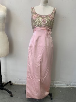 FANTASIA, Gold, Lt Pink, Lurex, Beaded, Floral, Swirl , Scoop Neck, Scoop Back, Sleeveless, Full Length, Back Zipper, Heavily Beaded and Sequined Lurex Bodice, Empire Waist with Attached Belt and Bow, Straight Skirt