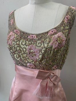 FANTASIA, Gold, Lt Pink, Lurex, Beaded, Floral, Swirl , Scoop Neck, Scoop Back, Sleeveless, Full Length, Back Zipper, Heavily Beaded and Sequined Lurex Bodice, Empire Waist with Attached Belt and Bow, Straight Skirt