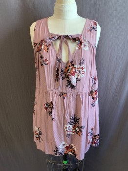TORRID, Mauve Purple, Black, Terracotta Brown, Chestnut Brown, Rayon, Floral, Pullover, V-neck, Neck Tie Attached, Sleeveless, Gathered at Waist