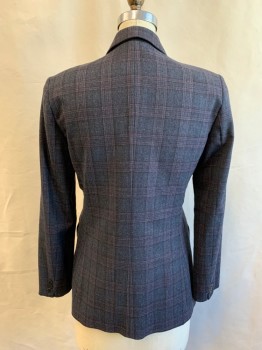 SANDRO, Dk Gray, Dk Red, Black, Wool, Polyester, Glen Plaid, Double Breasted, Collar Attached, Peaked Lapel, 2 Pockets