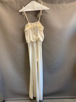 N/L, Off White, Polyester, Solid, Straps Tie at Shoulders, Lace Ruffle Trim, Elastic Waistband, Tie at Waistband,