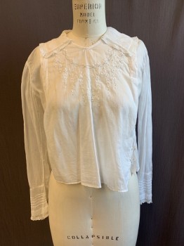 MTO, White, Cotton, Solid, Puritan Collar, Collar Semi-detaches on Left Side, Long Sleeves, Pullover, Buttons Down Left Side, Tie Back, Lace at Collar, Eyelet Lace, *Stain Center Front*