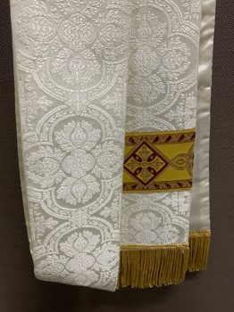 NL, Ivory White, Multi-color, Polyester, Solid, Floral, Round Neck, Burgundy And Gold Floral Appliques, Matching Stole with Gold Fringe
