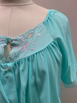KELLY REED, Turquoise Blue, Nylon, Solid, PJ TOP, Round Neck, S/S, Button Front, Floral Embroidery A Bust, Lace Trim