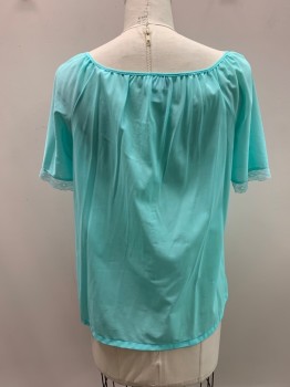 KELLY REED, Turquoise Blue, Nylon, Solid, PJ TOP, Round Neck, S/S, Button Front, Floral Embroidery A Bust, Lace Trim