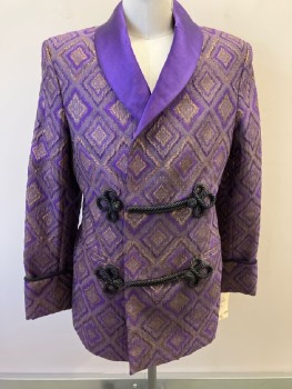 MTO, Purple & Gray with Rose Gold Lurex Diamond Pattern, Textured, Purple Satin Shawl Collar, Black Rope Frog Closure Detail, Snap Front, Snaps On Collar, 2 Welt Pocket, Dbl. Vented Back, Multiple
