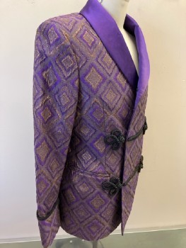 MTO, Purple & Gray with Rose Gold Lurex Diamond Pattern, Textured, Purple Satin Shawl Collar, Black Rope Frog Closure Detail, Snap Front, Snaps On Collar, 2 Welt Pocket, Dbl. Vented Back, Multiple