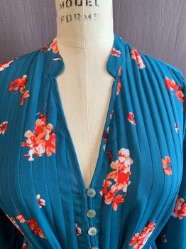 A PEA IN THE POD , Teal Blue, Red, Peach Orange, Polyester, Floral, Maternity Top, Matching Thin Belt, Mandarin Collar, V-neck, 1/2 Button Front, Long Sleeves, Pleated Front