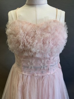 NO LABEL, Baby Pink, Polyester, Nylon, Floral, Dots, Spaghetti Strap, Sweetheart Neckline, Ruffled Chest, Silver Dots, Tulle, Side Zipper