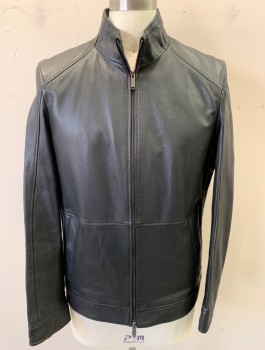 MICHAEL KORS, Black, Leather, Solid, Zip Front, Stand Collar, 2 Welt Pockets with Snap Closures