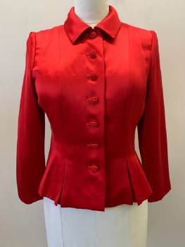 OSCAR DE LA RENTA, Red, Polyester, Solid, L/S, B.F., Collar Attached, Pleated Bottom,