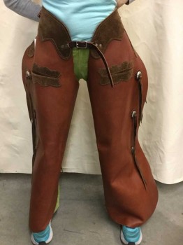 CHEM TAC, Tan Brown, Brown, Leather, Cowboy Leather Chaps, 3 Hooks In Back, 2 Pockets, 3 Conchos Per Leg
