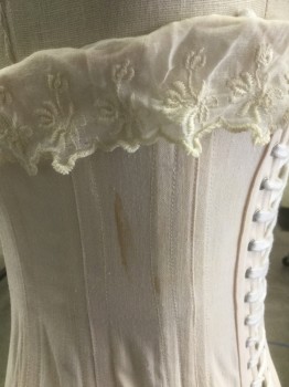 N/L, Lt Pink, Cream, White, Solid, Underbust 26"  Measurements to Close Completely, Cream Lace Top, Steel Spoon Busk Center Front, Lace Up Center Back, Light Brown Stain On Left Side, 'Fox' Written on Right Side at Waist, Garter Straps,