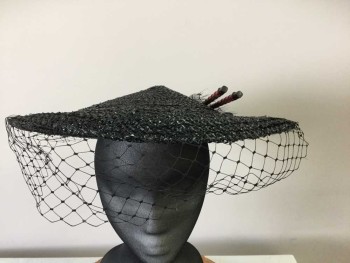 MTO, Black, Straw, Horsehair, Flat, Slightly Conical Hat with Horsehair Mesh Panels Around Brim, Synthetic Hanging Mesh, Horsehair Bow with Wooden Chopsticks Detail with Red Paint