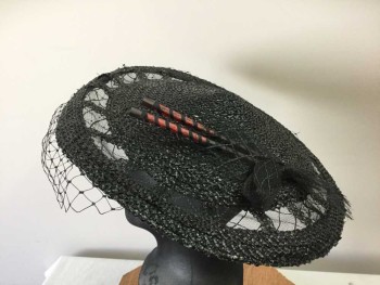 MTO, Black, Straw, Horsehair, Flat, Slightly Conical Hat with Horsehair Mesh Panels Around Brim, Synthetic Hanging Mesh, Horsehair Bow with Wooden Chopsticks Detail with Red Paint
