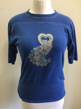 N/L, Blue, Pink, Gold, Turquoise Blue, Cotton, Polyester, Solid, Hearts, Solid Blue Short Sleeves, Ribbed Knit Crew Neck, Yoke, White Stitching, Heart Glitter Graphic