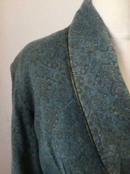 MTO, Olive Green, Teal Blue, Wool, Silk, Paisley/Swirls, Muted Paisley Wool with Mossy Green Velvet Piping, Shawl Lapel, Cuffs, 2 Slit Pocket, Belt Loops, Matching Belt
