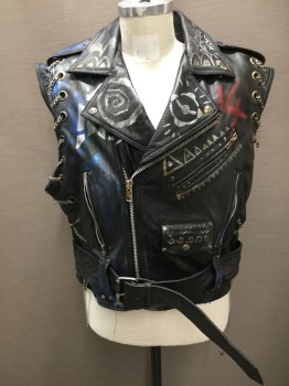 JAMMIN LEATHER, Black, Leather, Solid, Punk, Motorcycle Style, Zip Front, Collar Attached, Epaulets, 4 Pockets, Self Belt, Belt Loops, Blue/red/Silver Artistically DIY Painted, Grommetted Sides Chained Together, "JUGGERNAUT" on Back