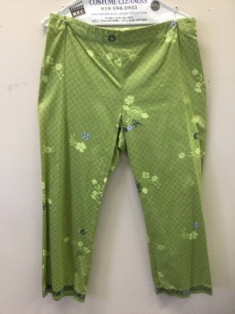 SIGRID OLSEN SPORT, Lime Green, Lt Blue, Navy Blue, Cotton, Spandex, Abstract , Floral, Geometric Base Print with Scattered Floral And Embroidered Hem Trim, High Waist, Cropped/Capri Length, Invisible Zipper at Side,