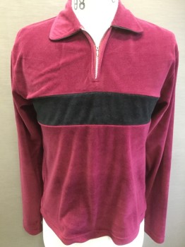RICHARD EDWARDS, Maroon Red, Black, Polyester, Color Blocking, Velour, Pullover, 1/4 Zipper, Black Piping Along Collar