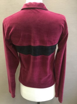 RICHARD EDWARDS, Maroon Red, Black, Polyester, Color Blocking, Velour, Pullover, 1/4 Zipper, Black Piping Along Collar