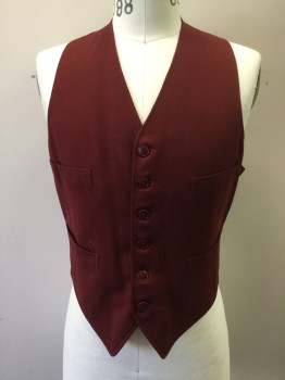 MTO, Maroon Red, Wool, Silk, Solid, Button Front, 4 Pockets, Solid Dark Reddish Brown Silk Back, Faded Through Shoulders, Self Back Belt, Late 1970's -1980's