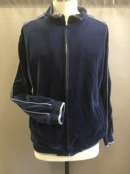 SWEATSCDO, Navy Blue, Gray, Cotton, Polyester, Solid, Velour Tracksuit with Gray Piping, Zip Front, High Collar, L/S, 2 Zip Pockets, Ribbed Knit Cuff/Waistband with Gray Trim, L/S,