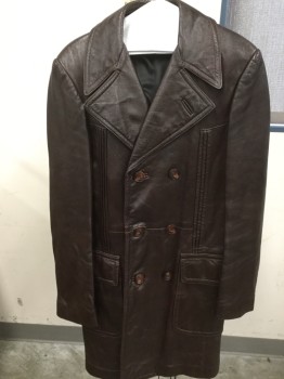 N/L, Brown, Leather, Solid, Peaked Lapel, Double Breasted, Pocket Flap,