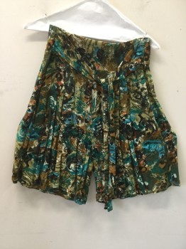 BETTY & SHEILA, Green, Olive Green, Dk Olive Grn, Turquoise Blue, Orange, Cotton, Floral, Abstract , Culotte Shorts, 3" Waistband, Pleated, Elastic Smocked Back Waist, 2 Pockets, Attached Front Pleated Tie Belt,